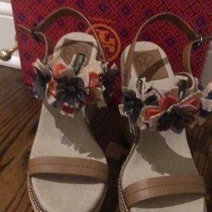 Tory Burch Linen Espadrille Wedge Sandal. With gems. Size 9.